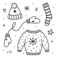 Cute set of winter clothes - a warm hat, mittens, socks and a knitted sweater. Vector hand-drawn illustration in doodle style. Perfect for holiday and Christmas designs, cards, logo, decorations.