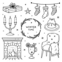 Set of winter doodles - gift, Christmas socks, traditional pudding, mulled wine, candles, fireplace and armchair. Vector hand-drawn illustration isolated on white. Perfect for holiday designs, cards.