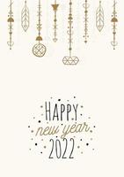 Happy New Year 2022. Vintage style. Beautiful greeting card poster calligraphy black text word gold fireworks. Vector illustration.