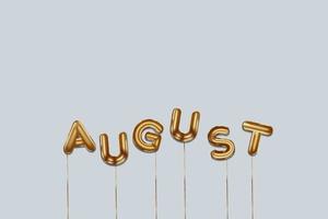 August written with foil gold balloons. August lettering with realistic gold balloons. August typography. isolated vector design. August background with copy space area