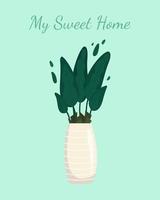 Home sweet home text Postcard, Lush tropical leaves and green foliage. Vector print design.