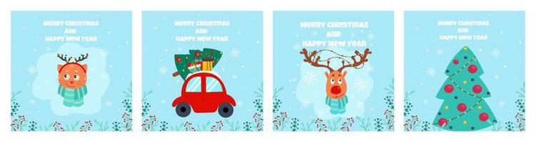 Merry Christmas and New Year greeting card Set. Vector illustration in flat style