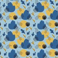 Blue and mustard color Doodle Abstract seamless Pattern with bush, leaves, flowers and circles. Trendy hand drawn textures Background. Abstractive design for paper, fabric, interior decor, wrapping vector