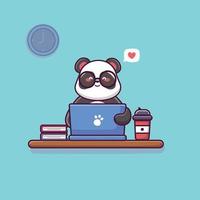 Cute panda working on laptop cartoon vector icon illustration animal technology icon