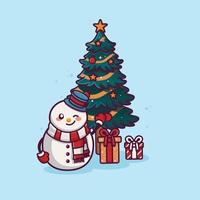 cute snowman character with christmas tree cartoon vector