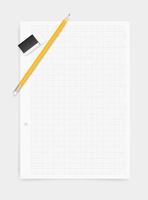 Fondo de papel de dibujo blanco con lápiz y goma de borrar. vector. vector
