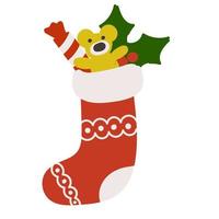 Christmas sock with toy, candy, and mistletoe branches vector