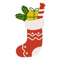 calcetín navideño con regalo, piruleta y ramas de pino vector