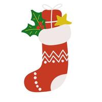 calcetín navideño con ramas de regalo, estrella y muérdago vector