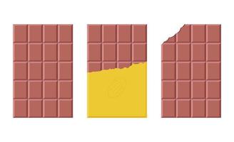 Set of milk chocolate bar in an open package on white background. Flat vector illustration