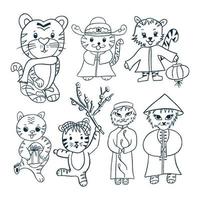 Colección de tigres de doodle de contorno para niños educativos, libro para colorear vector