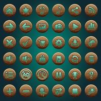 GUI buttons wood icons set for game interfaces green. vector