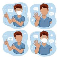 A man with thumbs up and a man waving his hand greeting or saying goodbye. Cartoon male characters with welcoming and with thumbs up gestures in vector illustration.