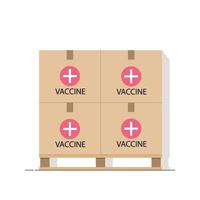 Pallet with boxes of covid-19 vaccine isolated on white background. Warehouse with vaccines. Anti virus campaign. Vector illustration.