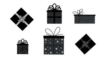 Set with black gift boxes isolated in white background. Dark themes. Vector illustration in flat style.