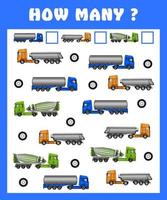 Counting game for preschool children. Count how trucks and write the result. Vector illustration in cartoon style.