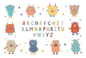 colorido conjunto de lindos monstruos. colección de lindos personajes de dibujos animados en estilo escandinavo simple dibujado a mano. fuente decorativa para niños del alfabeto abc. lindo alfabeto de colores. letras de bebé. vector