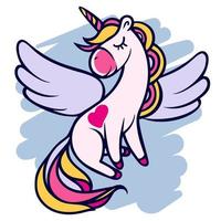 Hand-drawn unicorn with wings and closed eyes sits and smiles. vector