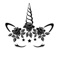 Vector unicorn face with closed eyes and wreath of flowers. Black outline isolated on a white background.