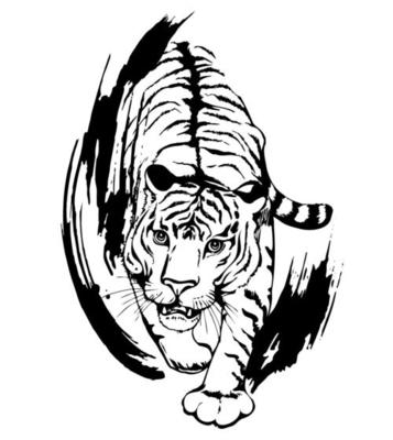 Tiger growls. Black silhouette of a walking tiger with brush strokes isolated on white background.