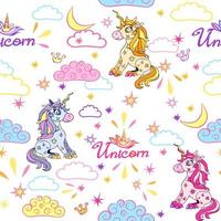 patrón sin fisuras con lindos unicornios mágicos en el cielo con nubes de colores, luna y estrellas. vector