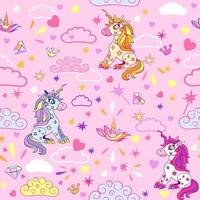 Seamless pattern with cute magical unicorns in the sky with colorful clouds, moon and stars. vector