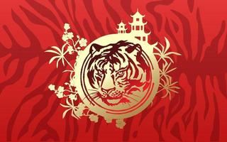 Tiger head with gold on a red background of a Chinese pagoda, bamboo, sakura and a fan. Happy Chinese New Year 2022.