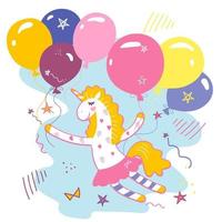 unicornio mágico vuela en globos con estrellas y corazones. tarjeta de felicitación de cumpleaños feliz. fuente manuscrita y dibujo plano dibujado a mano aislado del fondo. imagen dibujada a mano. vector