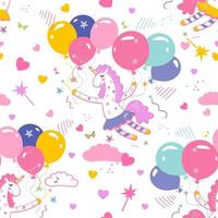 Seamless pattern with cute magical unicorns in the sky with colorful clouds, hearts and balloons. vector