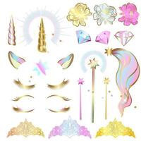 conjunto de elementos de diseño para un unicornio con ojos cerrados y una corona de flores con destellos. vector