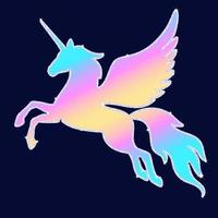 silueta de unicornio volador arco iris con brillo y destellos. arco iris silueta de un pegaso sobre un fondo oscuro. vector