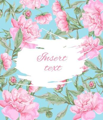 Postcard template with pink peonies on a blue background with place for text.