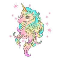 lindo unicornio mágico con estrellas. ilustración vectorial de una cabeza de unicornio. vector