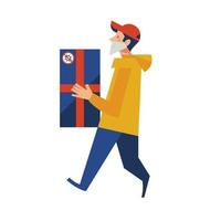 Delivery. Contactless delivery. A courier in a medical mask delivers a box. Online purchases during the quarantine. vector