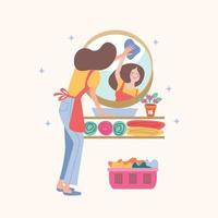 House cleaning. A girl washes the mirror in the bathroom. Vector illustration.