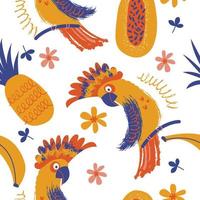 Exotic seamless pattern. Cockatoo parrots and bright tropical flowers and fruits. Vector illustration.