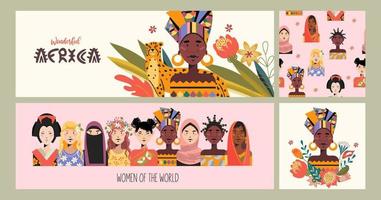 A set of female portraits of women of different Nations. Seamless pattern. Vector illustration.