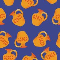 Ceramic yellow pitchers on a blue background. Seamless pattern. vector