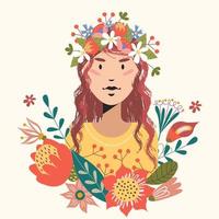 Female portrait with flowers. Vector illustration.