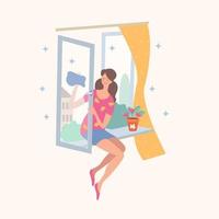 Homework. The girl sitting on the windowsill washes the window. Vector illustration.