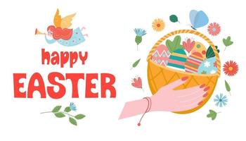 Happy Easter. A basket of painted eggs. Vector illustration.