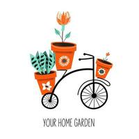 Flower stand in the shape of a Bicycle with flower pots. Vector on a white background.