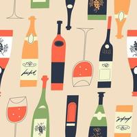 Seamless pattern of wine bottles and glasses. Vector illustration.