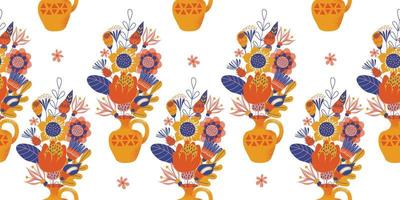 Seamless pattern on a white background. Yellow vase with a bouquet of flowers . vector