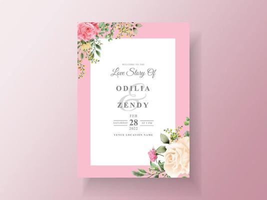 Beautiful pink and yellow flowers wedding invitation card