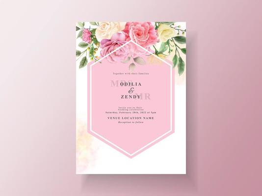 Beautiful pink and yellow flowers wedding invitation card