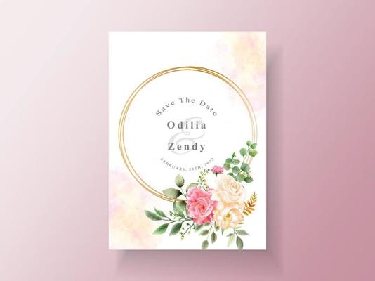 Beautiful pink and yellow flowers wedding invitation card