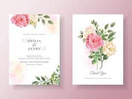 hermosa tarjeta de invitación de boda de flores rosadas y amarillas vector