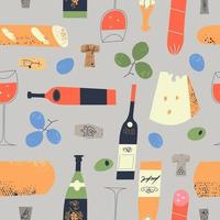 Seamless pattern of wine bottles, corks, glasses and food. Vector illustration.