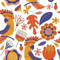 Exotic seamless pattern. Cockatoo parrots and bright tropical flowers on a white background. Vector illustration.